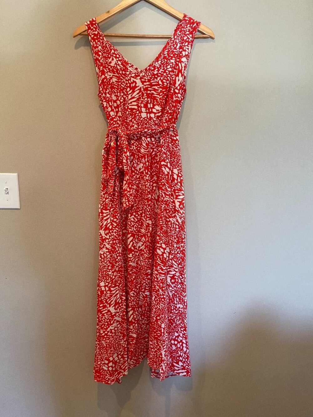 C+D+M Coral Red Abstract Print Maxi Dress Empire Waist Pockets S